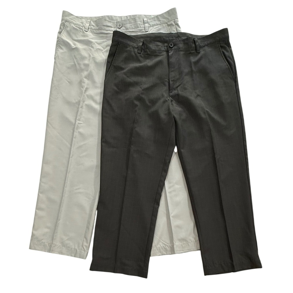 IZOD Golf Mens 36x27 Performance Pants Bundle Gray & Stone Plaid 2 Pairs M143